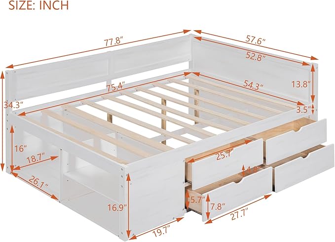 Full Size Daybed with 4 Storage Drawers and Shelves, Wooden Full Platform Bed Frame with L-Shaped Headboard and Slats Support, Corner Bed Full Captain Beds for Kids Boys Girls Teens, White
