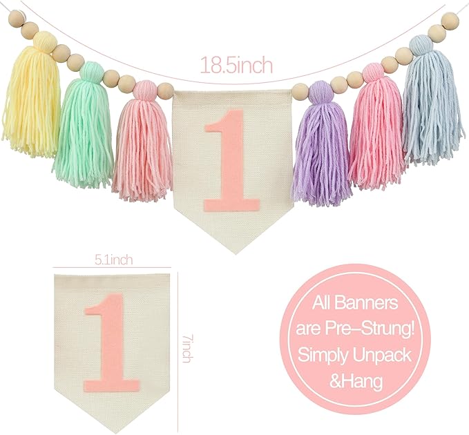 Boho Macaron Handmade 1st Birthday High Chair Banner First Highchair Banner For Baby Girls Wood Bead Tassel Garland 1 Birthday Party Decorations Princess Photoshoot Props Photo Props