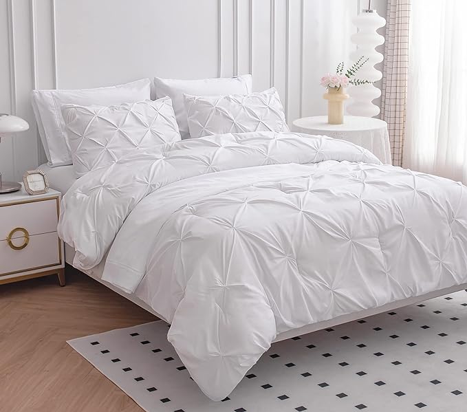 LANE LINEN White Bed Comforter Set, King Size, 7 Piece Set, Soft Bedding, Pintuck Style, Comforter Set with Sheets, Pillowcases & Shams