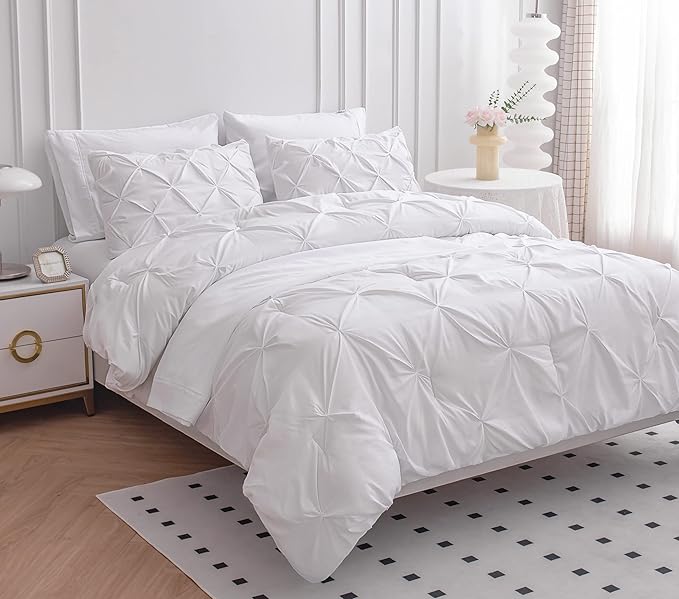LANE LINEN Full Size Comforter Set, 7 Piece Bed in a Bag - Soft Pintuck Bedding Comforter Sets with Sheets, Pillowcases & Shams - White