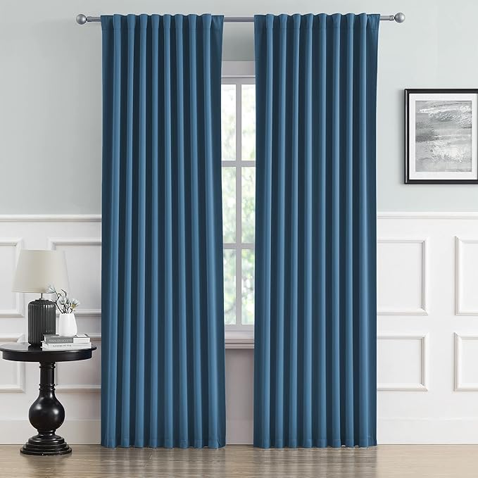 Thermal Insulated Blackout Curtains Blue - Back Tab and Rod Pocket Bedroom Draperies Window Treatment Panels Room Darkening Blackout Drapes for Living Room, 52 x 90 Inch, Midnight Blue, 2 Panels