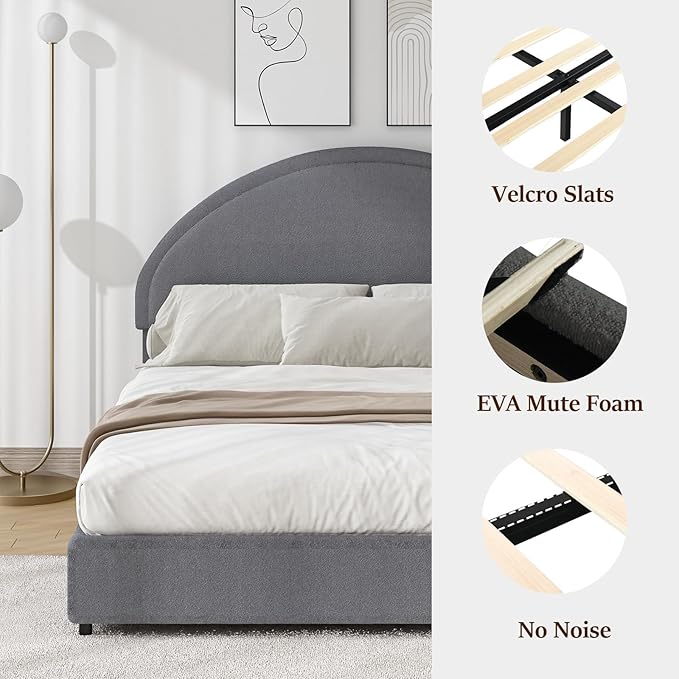 Twin Size Bed Frame, Boucle Upholstered Platform Bed with Headboard, Cloud Bed Frame with Soft Rounded Corners, No Box Spring Required, Easy Assembly, Grey