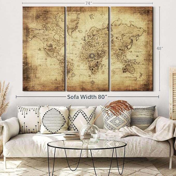 ElephantStock Ancient World Map Wall Art Multi Piece Canvas - 3 Piece Canvas World Map Wall Decor - Wall Decor - Ready-to-Hang Print - Vintage Wall Art - 74" X 48"