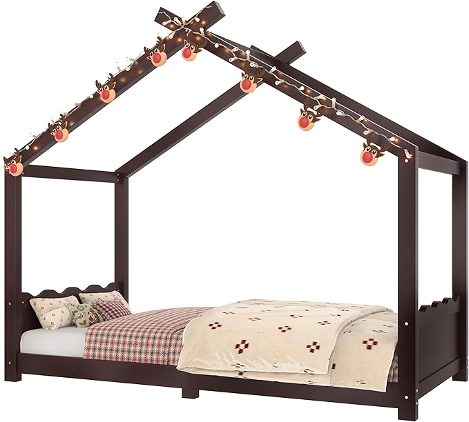 Twin Size Wooden House Floor Bed - Kids Bed Frame with Roof & Support Slats for Bedroom, No Box Spring Needed, Easy Assembly (Espresso)