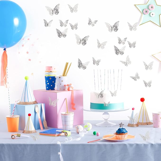 144 Pcs 3D Butterfly Wall Stickers Decor 6 Styles 3 Sizes, Silver Removable Butterfly Decals Room Wall Decor for Kids Nursery Classroom, Wedding, Party, Baby Shower