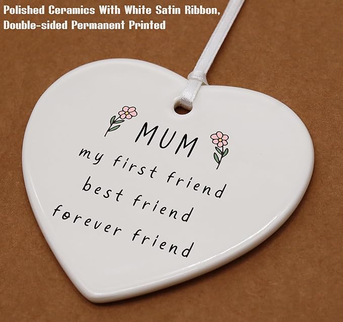 Heart Shaped Christmas Ornament-Mother’s Day Birthday Thanksgiving Wedding Gift for Mom Appreciation Present My First Friend My Best Friend Mother’s Love Ceramic Keepsake Decor