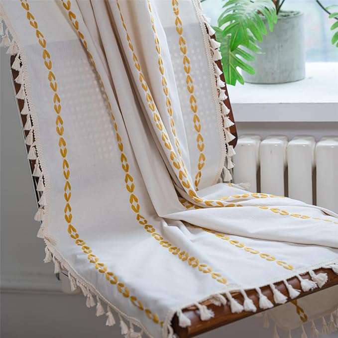 Deeprove Gold Yellow Boho Curtains 96 inches Long for Bedroom, Vintage Privacy Bohemian Embroidery Light Filter Cotton Linen Stripes French Country Tassel Window Treatments Decor, W52 x L96, 1 Panel