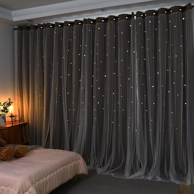 Kinryb Kids Blackout Curtains for Bedroom/Living Room/Classroom, Sheer Overlay 2 Free Tiebacks, Double Layer Curtains with Star Cutout for Kids Room(Each Piece W 70 x L 84 Inches 2 Pcs Coffe)