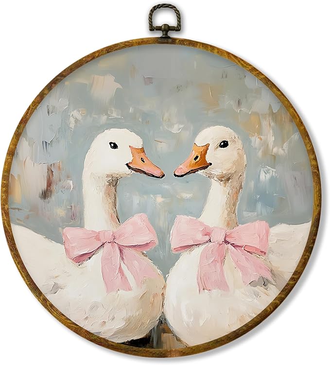 Hiuwevt Coquette Pink Bow Goose Round Wall Art Decor, Preppy Trendy Aesthetic Framed Canvas Prints, Girly Ribbon Couple Goose Round Wall Hanging Decor for Bedroom Home Decorations, 10x10 Inches