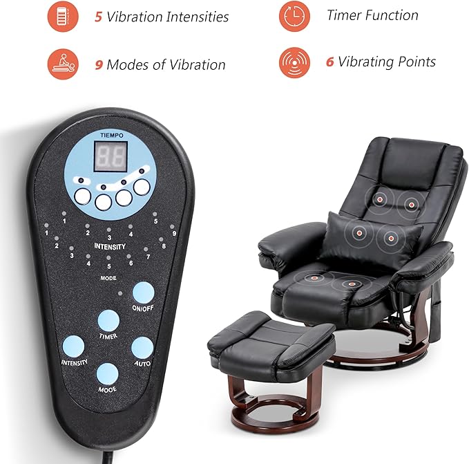 MCombo Swivel Recliner with Ottoman Chair, TV Chair Sets with Vibration Massage, for Small Space Living Room Bedroom 9096 9099 (Textile, Black)