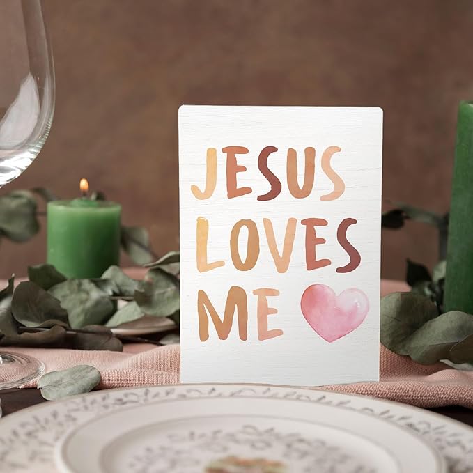 Baby Girl Boy Nursery Decor, Jesus Loves Me Boho Christian Nursery Wooden Stand Sign 5x7 Inch, Religious Bible Verse Decorations Signs for Toddler Girls Boys Room Desk Table Decor