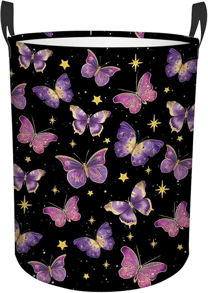 Butterfly Laundry Hamper Girls Boys, Baby Nursery Laundry Basket for Bedroom, Round Collapsible Waterproof Storage Bin with Handles for Toys, Storage Basket for Boy, Butterfly Room Decor, 13.8x17.7in