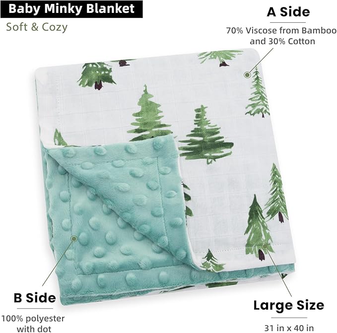 LifeTree Baby Blankets for Newborn, Soft & Lightweight Swaddle Blankets, Muslin Front and Dotted Fleece Backing Receiving Bed Throw Blanket Unisex, 31X40 Inches, Baby Girl & Boy Blanket, Pine Tree
