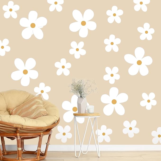 TaoBary 12 Sheets Daisy Wall Decal Flower Wall Sticker Cute Daisy Sticker Pink White Flower Decal Peel and Stick Floral Wallpaper for Nursery Bedroom Home Decor(White, Yellow,Stylish Style)