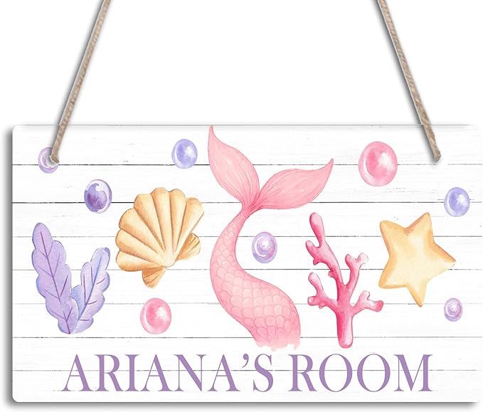 Mermaid Design Sea Theme Personalized Room Door Sign Custom Name Signs Kids Girls Bedroom Decor Nursery Dorm Farmhouse Baby Room Wood Hanger Art Wall Plaque 12x6 Inches