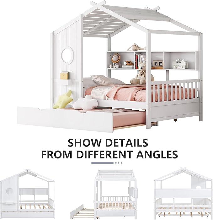 Full Size Bed Frames for Kids, House Bed with Trundle and Shelves, Wood Playhouse Platform Bed Frame with Window and Fence for Boys Girls, White, 74.4" L x 58" W x 72" H