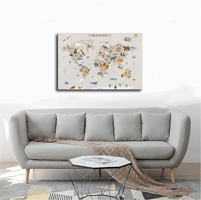 KIPNG Kids World Map - Playroom Animal World Map - Nursery Educational Poster Canvas Poster Wall Art Picture Paintings for Living Room Bedroom Decoration Unframe-style12x18inch(30x45cm)