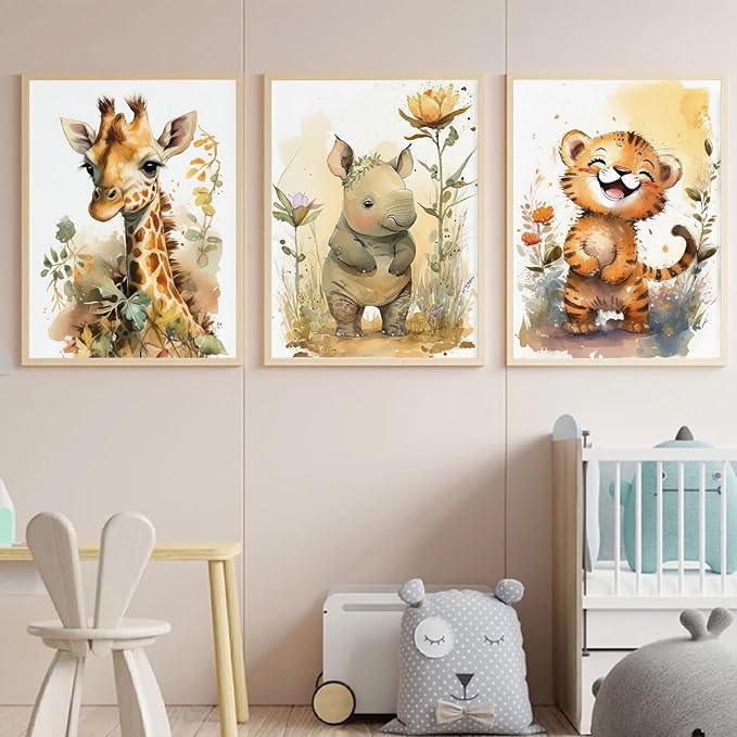 3Pcs Safari Nursery Wall Art watercolor baby Animal Wall Decor Lovely Jungle Animal Picture Painting Kids Room Posters Prints artwork for Boy Girl and Baby Room wall decoration,16x24in Poster