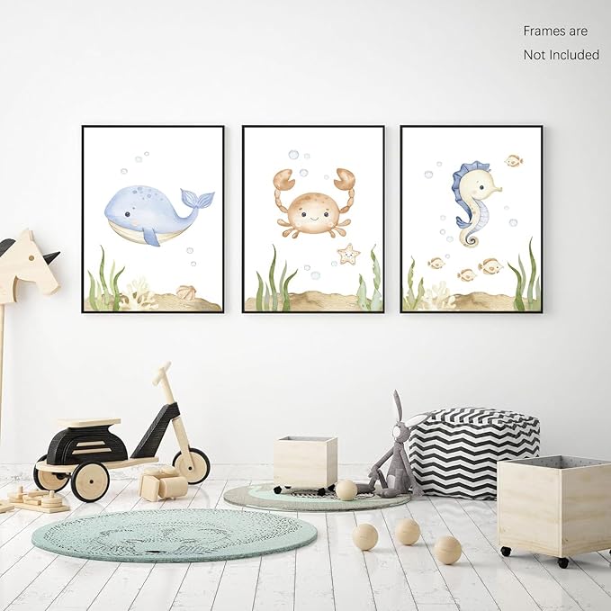 Wodkwq Nursery Wall Art Sea Animal Canvas Prints Baby Girl Boy Room Decor Watercolor Paintings Pictures Cute Ocean Theme Toddler Room Decoration Set of 3 for Kids Bedroom Bathroom 16x24in Unframed