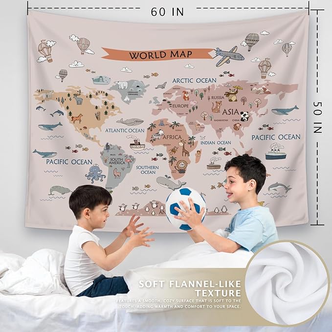 LIANGW Kids World Map Tapestry, Animal Continents Educational Geography Wall Hanging, Wildlife Learning Wall Blanket for Nursery, Classroom, Toddler Bedroom, Playroom Decor 50x60 Inch