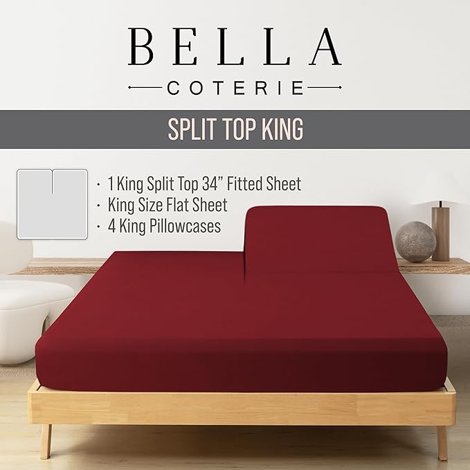 Bella Coterie 6 Piece Luxury Bamboo Viscose Split Top King Size Sheet Set | 34" Split for Adjustable Beds | 100% Organically Grown| Cooling | 18” Deep Pocket | 4 Pillowcases [Merlot]