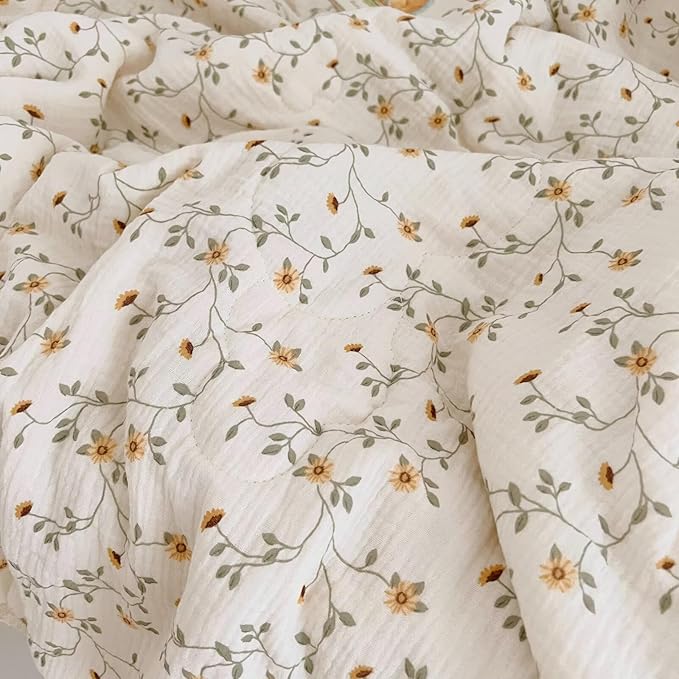 BuLuTu Muslin Toddler Quilt Cute Baby Comforter for Crib, Soft Lightweight Muslin Blankets for Girls Boys, Wildflower Pattern, 47"x59"