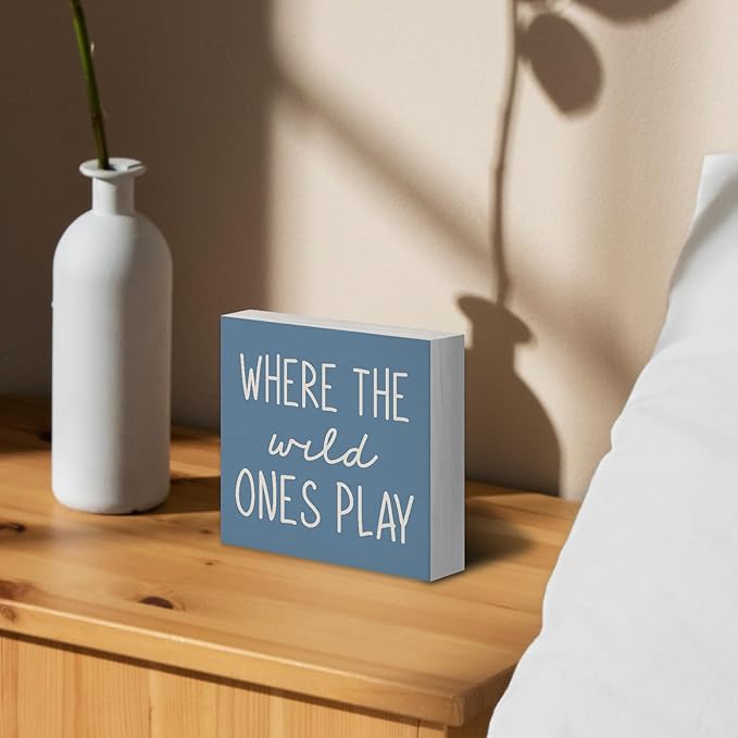 Where The Wild Ones Play Blue Wood Box Sign Desk Decor 5X5, Nursery Kids Room Wooden Block Sign Decorations for Playroom Toddler Boys Girls Room Wall Tabletop Shelf Decor