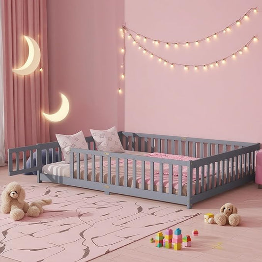 Queen Size Floor Bed Frame with Slats and Safety Guardrail, Wood Queen Size Montessori Floor Bed with Door and Fence, Easy Assemble Montessori Beds for Kids, Girls, Boys, Gray