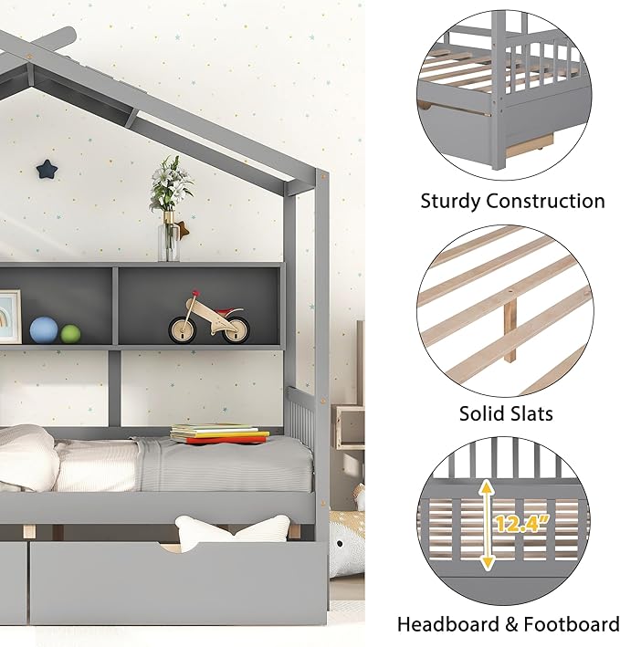 Bellemave Full Size House Bed with 2 Storage Drawers,Kids Bed with Storage Shelves,Wooden House Bed Frame for Girls,Boys,Can be Decorated,Gray