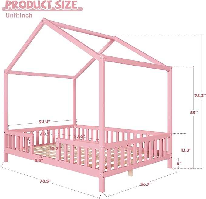 Bellemave Full House BedFrame with Canopy, Montessori Floor Bed, House Bed with Rails for Kids, Pink