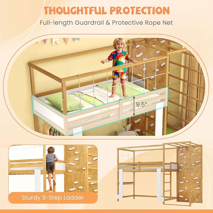 Giantex Twin Bunk Bed with Jungle Gym, 4-in-1 Wooden Loft Bed with Climbing Ladder, Rock Wall & Monkey Bar, Montessori Playhouse Bed with Full Length Guardrail & Wood Slat Support for Kids (Natural)