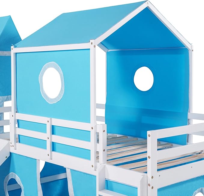 Playhouse Design Twin Size Low Loft Bed with Slide & Tent and Tower, Solid Wood Tent Bed Frame for Kids Boys Girls, Versatile Spacious Under Bed Space with Curtains(Blue-TW)