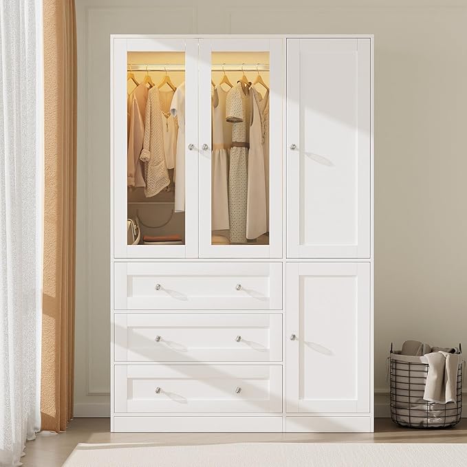 VOWNER 75" Tall Armoire Wardrobe Closet with Drawers and LED Lights, Clothing Storage Cabinet with Glass Doors & Hanging Rod, 4 Doors Wooden Armoire Storage Cabinet for Bedroom(White)