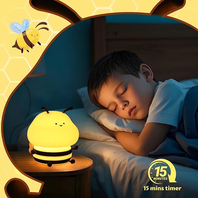 YuanDian Cute Bee Night Light for Kids, Nursery Night Lamp Kawaii Animal Bedside Nightlight with 7 Colors 3 Levels Dimmable Tap Control Rechargeable Nightlights