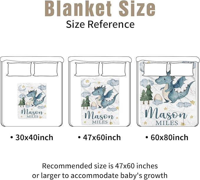 Personalized Crib Bedding Set for Boys Girls, Custom Baby Crib Sets with Name, Blue Dinosaur Design Nursery Bedding 2 Piece - Soft Blanket with Double Layer Dotted Backing, Crib Fitted Sheet
