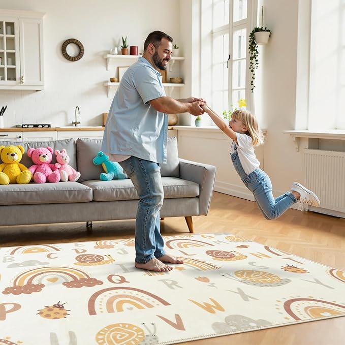 LIVEBOX Kids Rainbow ABC Alphabet Bedroom Rug 5x7, Washable Playroom Rug for Girls,Non Slip Soft Cute Kids Room Carpet Mat (Orange)