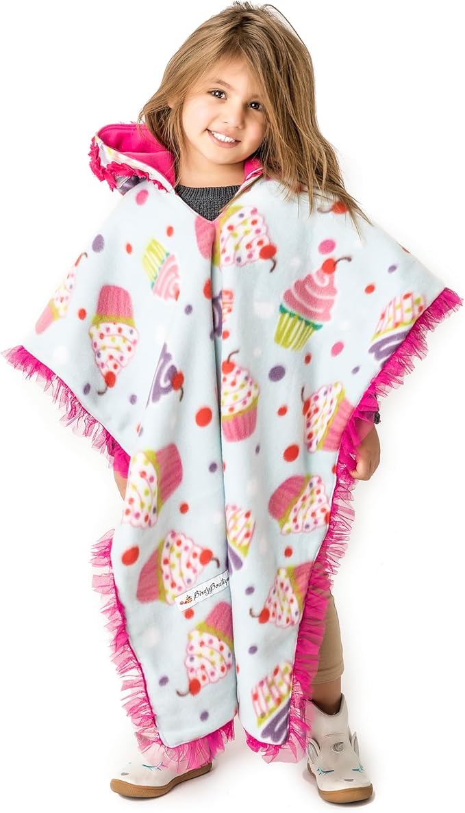Birdy Boutique Car Seat Poncho for Kids – Reversible Warm Blanket with Hoodie – Safe to Use Over Seat Belts – Easy On, Easy Off, and Doesn’t Impact Seat Performance - Cupcake – One Size