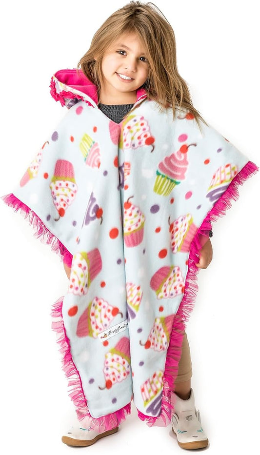 Birdy Boutique Car Seat Poncho for Kids – Reversible Warm Blanket with Hoodie – Safe to Use Over Seat Belts – Easy On, Easy Off, and Doesn’t Impact Seat Performance - Cupcake – One Size