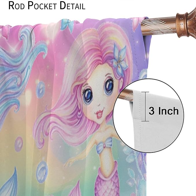Cartoon Mermaid Kids Curtain Fantasy Ocean Theme Coral Flower Floral Window Treatment for Kids Girls Bedroom Nursery Room Decor Rod Pocket Blackout Window Drapes 72x63in