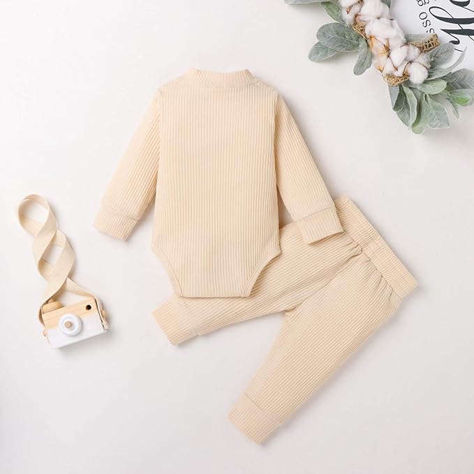 Newborn Baby Boy Girl Clothes Ribbed Knitted Cotton Long Sleeve Romper Long Pants Solid Color Fall Winter Outfits