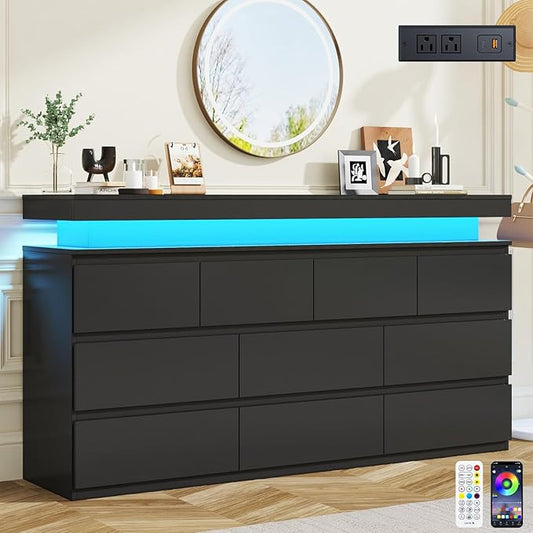 10 Drawer Dresser for Bedroom, 63“ Wide 34” Tall Drawer Organizer Cabinet with LED Light and Charge Station, Modern Chest of Drawers for Closet, Living Room, Entryway, Hallway (Black, 10 Drawers)