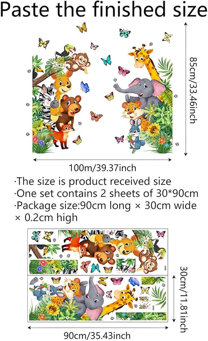 Jungle Forest Animals Wall Decals Animal Door Sticker Removable Reusable Peel Stick Elephant Lion Zebra Giraffe Safari Mural Art Nursery Kids Room Baby Bedroom Playroom Daycare Living Room