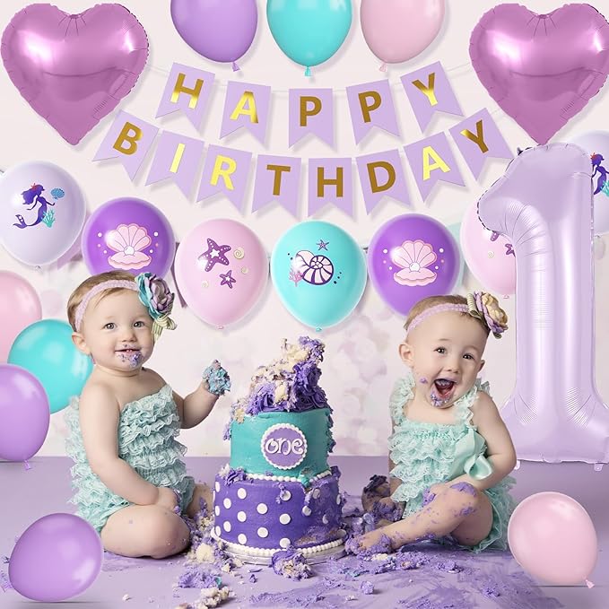 1st Mermaid Birthday Decorations for Girls, Purple Pink Teal Balloon with Mermaid Print Balloons Heart Foil Balloons Birthday Banner for 1 Year Old Under the Sea Theme Birthday Princess Party Supplies