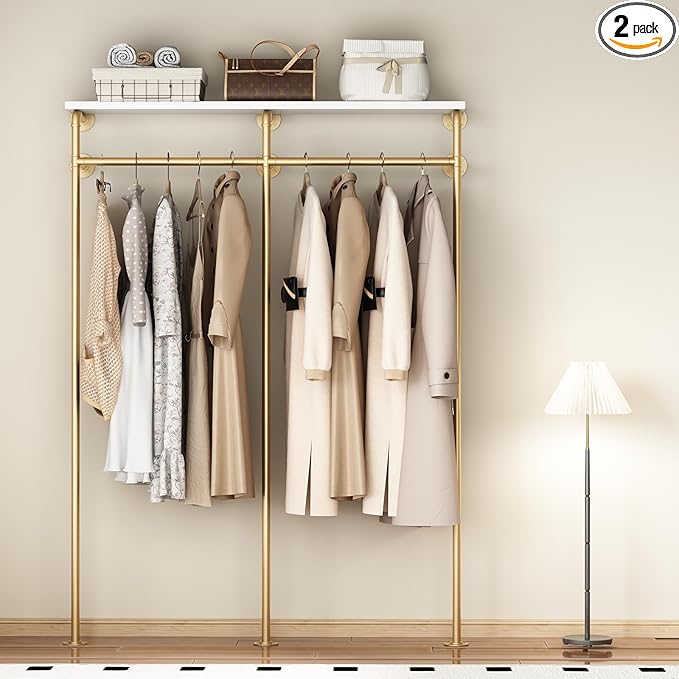 Industrial Pipe Clothing Rack, Wall Mounted Clothes Rack Gold Clothing Rack with Shelf Wardrobe Multi-Purpose Storage Clothes Hanging Shelf-59''L Gold