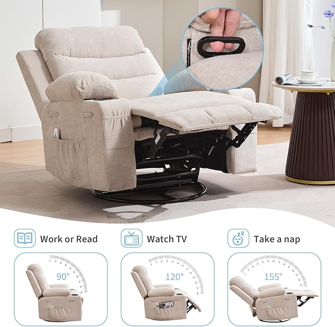 Recliner Chair Nursery, Oversized Manual Reclining Rocking Chair, 360 Swivel Glider with Cup Holder, Massage and Heat Recliner, Indoor Small Single Sofa Chairs for Adults, RV, Bedroom