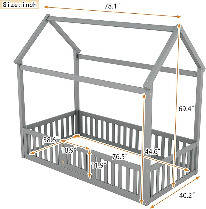 Bellemave Twin House Bed for Kids, Wooden Kids bedframe with Rails and Storage, Montessori Floor beds, Gray with Door no slats