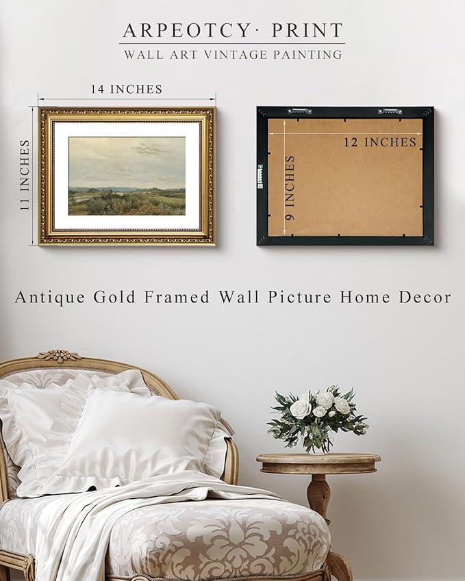 ARPEOTCY Vintage Gold Framed Wall Art, Nature Trees Landscape Rivers Retro Paintings, Canvas Prints with Antique Frame, Victorian Wall Pictures Decor for Living Room Gallery 11x14 inch