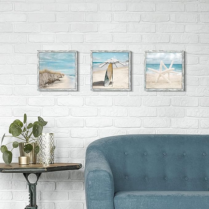 Ocean Pictures Wooden Wall Art: Beach Artwork Framed Home Decor Set of 3 Seascape Pathway Surfboard Starfish Collection Prints for Bedroom