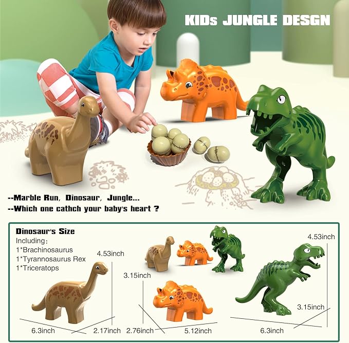 JIXIn Dinosaur Marble Runs for Kids 4-8 - Building Blocks Compatible with DUPLO Lego Sets - 125 PCS Classic Big Blocks for Toddlers Ages 3-5 - Montessori Learning STEM Toys