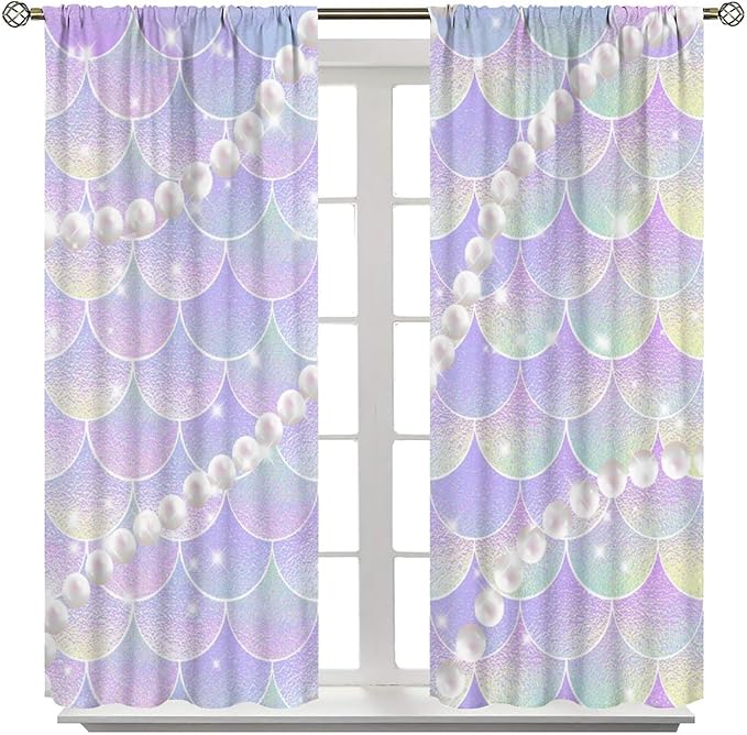 Mermaid Curtains, Gradient Color Pink Purple Pearl Ocean Theme Mermaid Fish Scale Print Decoration Suitable for Children Girls Bedroom Nursery Curtains 42x45 Inch